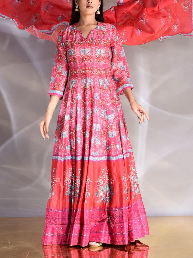 Fiery Rose Pink Vasansi Silk Printed Anarkali Gown