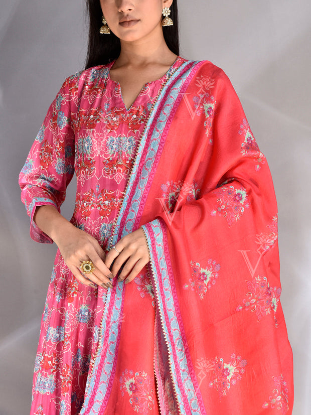 Fiery Rose Pink Vasansi Silk Printed Anarkali Gown