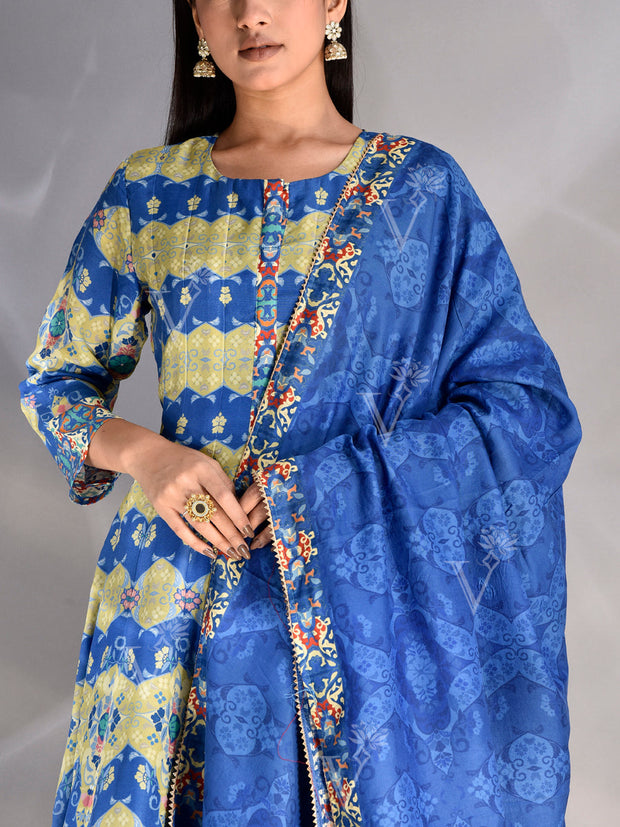 Blue and Green Vasansi Silk Printed Anarkali Gown