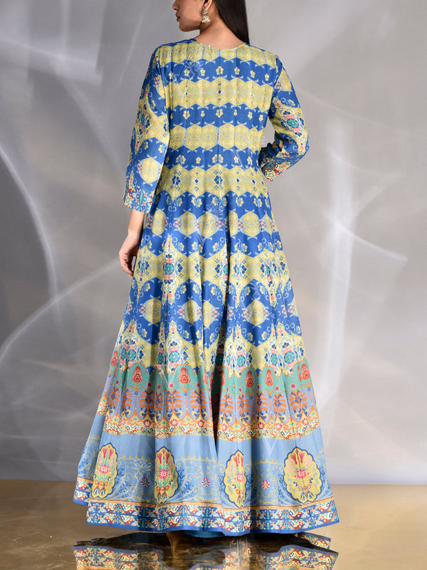Blue and Green Vasansi Silk Printed Anarkali Gown