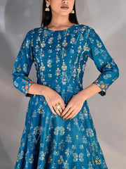 Yale Blue Vasansi Silk Printed Anarkali Gown