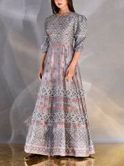 Steel Grey Vasansi Silk Printed Anarkali Gown
