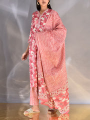 Coral Cotton Printed Highlighted  Suit Set