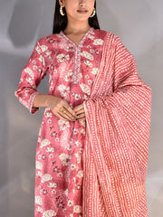 Coral Cotton Printed Highlighted  Suit Set