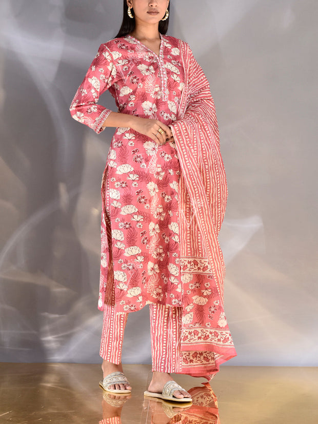 Coral Cotton Printed Highlighted  Suit Set