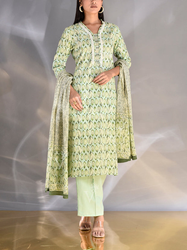 Tea Green Cotton Printed Suit Set