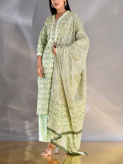 Tea Green Cotton Printed Suit Set