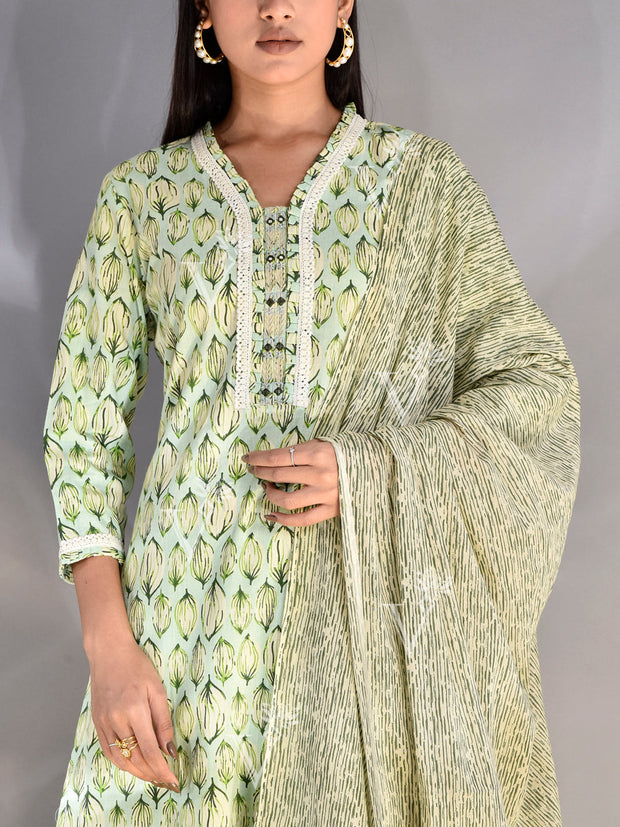 Tea Green Cotton Printed Suit Set