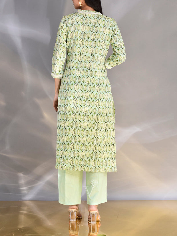 Tea Green Cotton Printed Suit Set