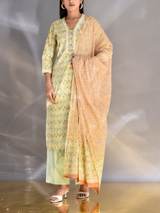 Light Green Cotton Printed Suit Set