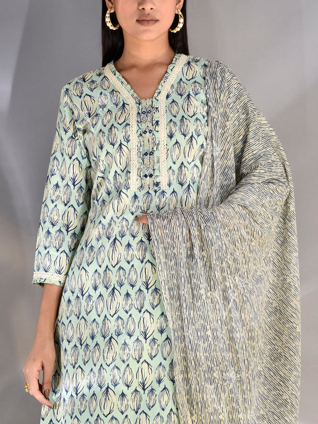 Light Blue Cotton Printed Suit Set