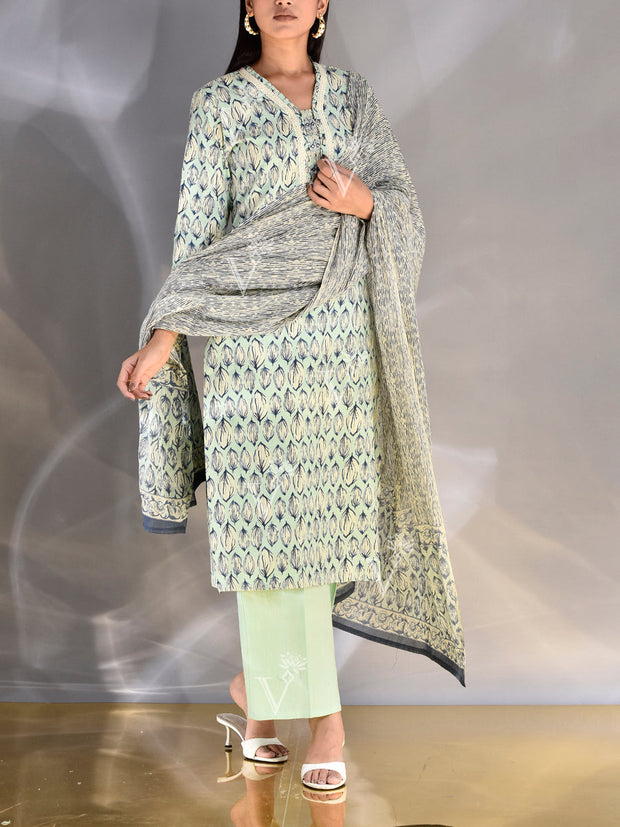 Light Blue Cotton Printed Suit Set