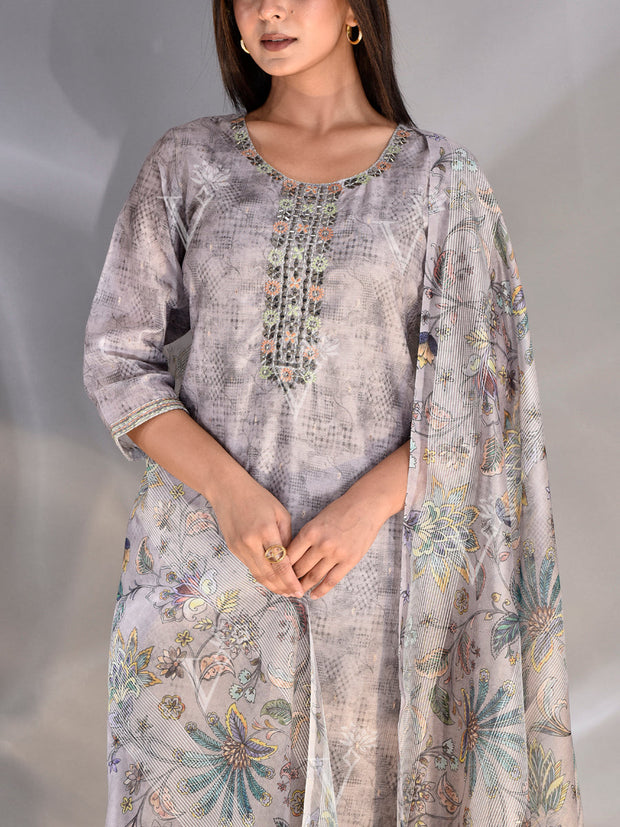 Grey Chanderi Highlighted Suit Set