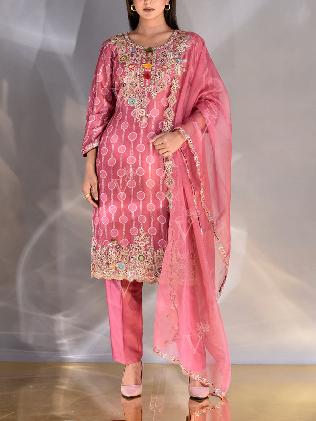 French Pink Silk Embroidered Suit Set