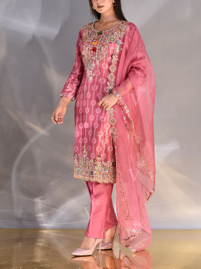 French Pink Silk Embroidered Suit Set
