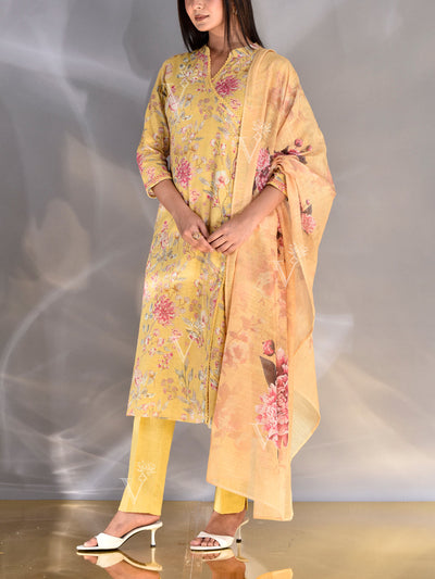 Yellow Cotton Printed Suit Set