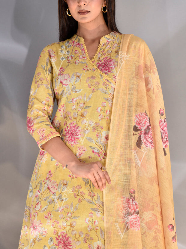 Yellow Cotton Printed Suit Set