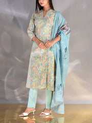 Blue Cotton Printed Suit Set