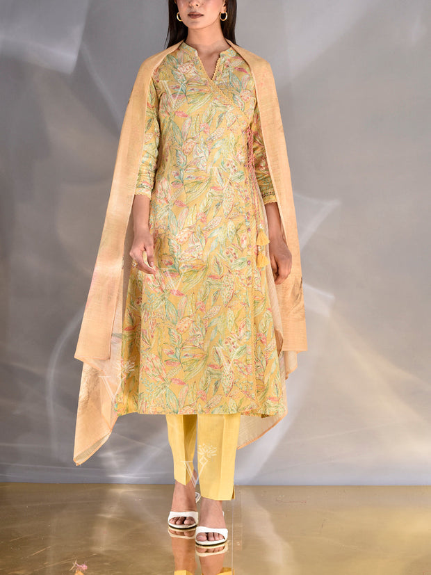 Yellow Cotton Printed Suit Set