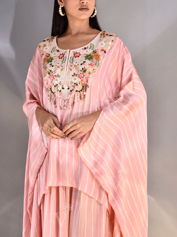 Pink Embroidered Satin Kaftan Set