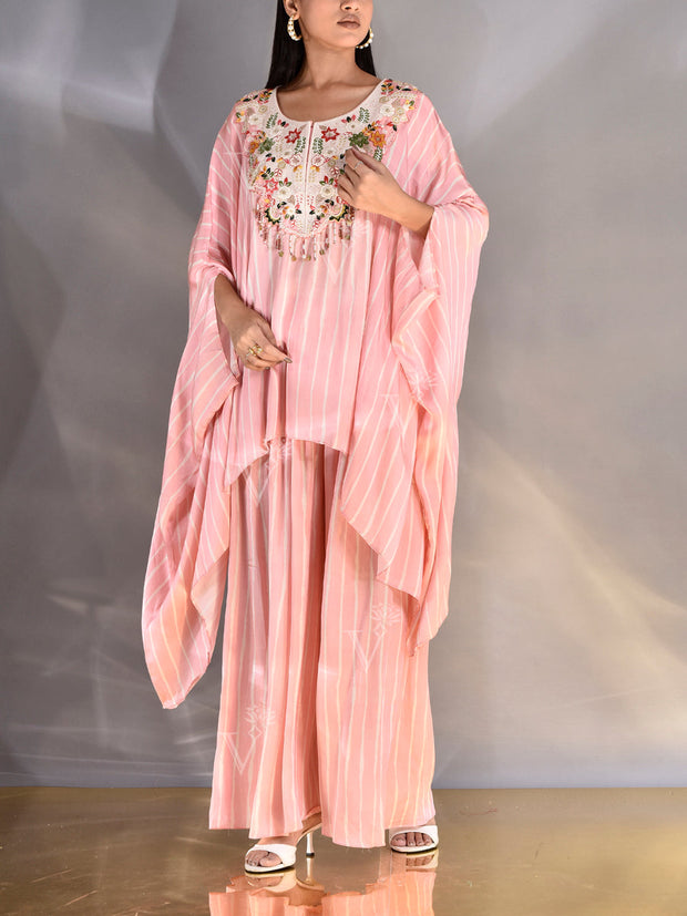 Pink Embroidered Satin Kaftan Set