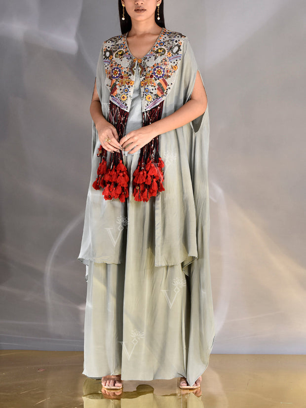 Grey Crepe Embroidered Shrug and Palazzo set