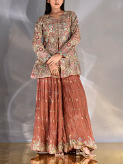 Brown Wrinkle Crepe Embroidered Jacket and Garara Set