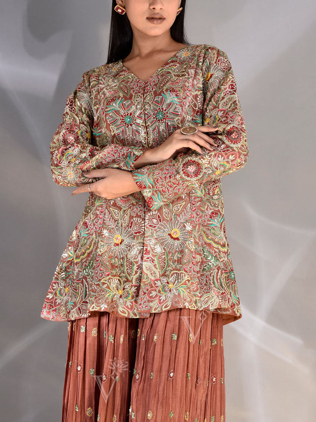 Brown Wrinkle Crepe Embroidered Jacket and Garara Set