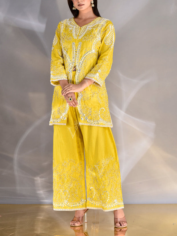 Yellow Chanderi Jacket and Palazzo Set