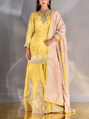 Yellow Wrinkle Zardozi Kurta and Garara Set