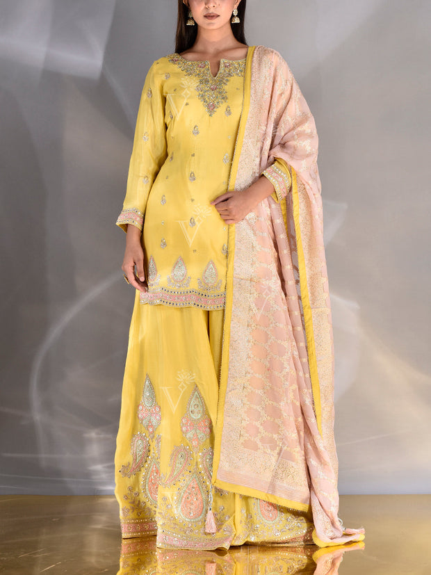 Yellow Wrinkle Zardozi Kurta and Garara Set