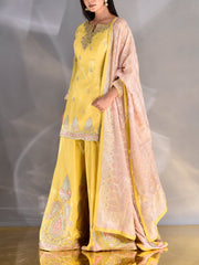 Yellow Wrinkle Zardozi Kurta and Garara Set