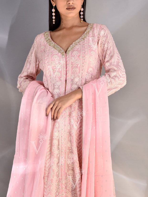 Pink Chikankari Georgette Kurta and Skirt Set