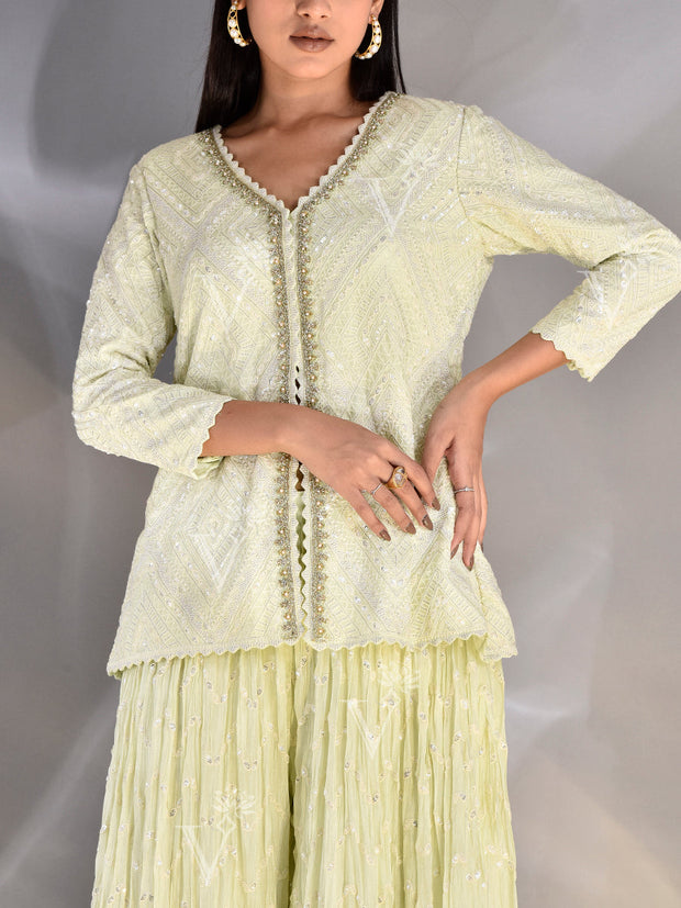 Mint Green Wrinkle Crepe Zardozi Garara Set