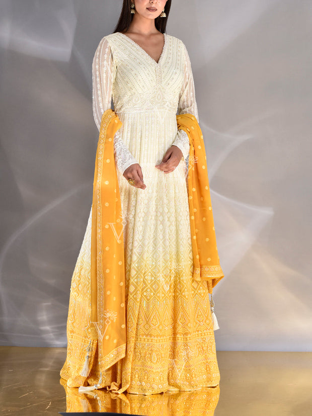 Yellow and Off-White Georgette Gown