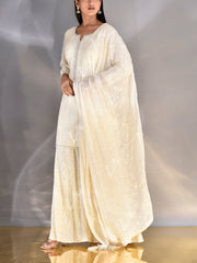 Off White Wrinkle Crepe Chikankari Kurta and Garara Set