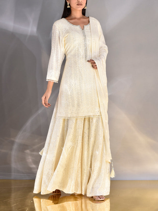 Off White Wrinkle Crepe Chikankari Kurta and Garara Set