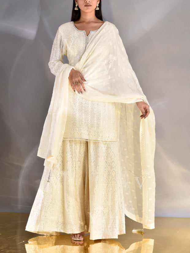 Off White Wrinkle Crepe Chikankari Kurta and Garara Set