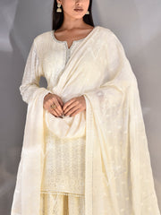 Off White Wrinkle Crepe Chikankari Kurta and Garara Set