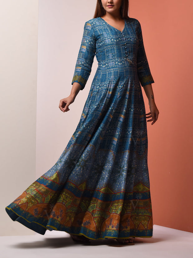 Blue Vasansi Silk Printed Anarkali Gown