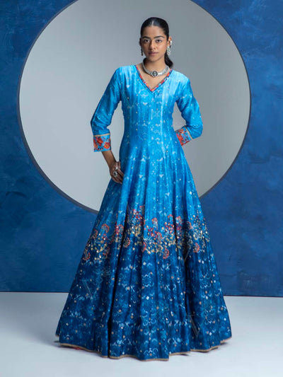 Blue Vasansi Silk  Printed Anarkali Gown