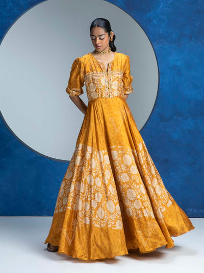 Yellow Vasansi Silk Printed Anarkali Gown