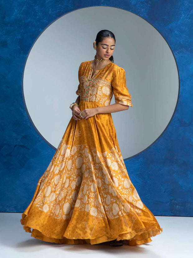 Yellow Vasansi Silk Printed Anarkali Gown
