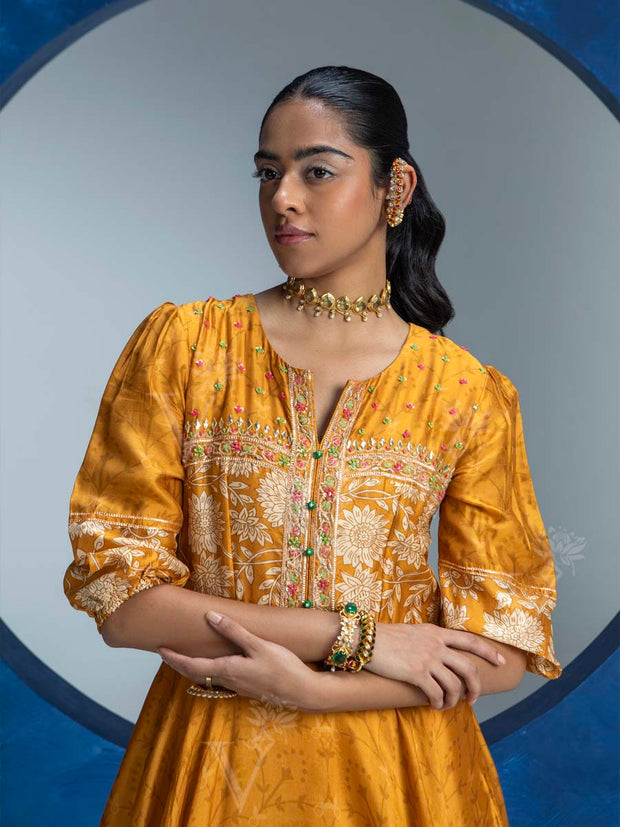 Yellow Vasansi Silk Printed Anarkali Gown