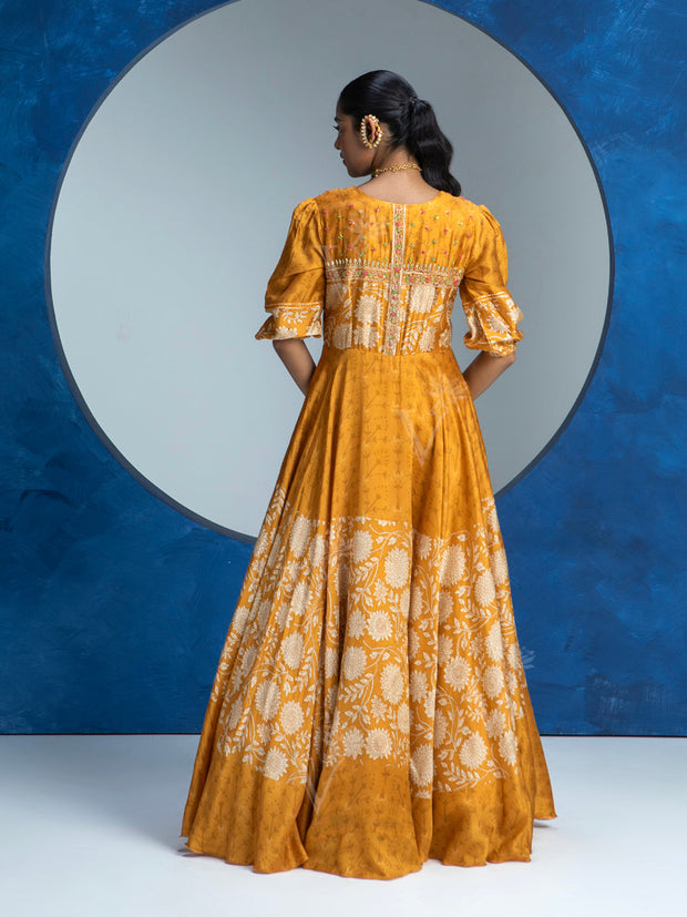 Yellow Vasansi Silk Printed Anarkali Gown