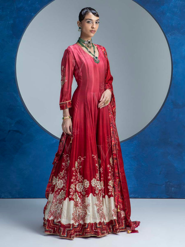 Red Vasansi Silk  Printed Anarkali Gown