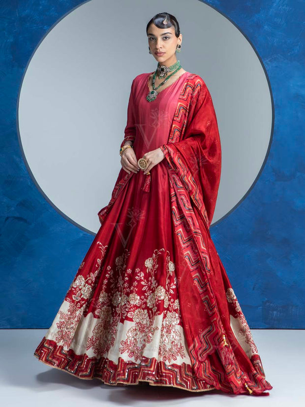 Red Vasansi Silk  Printed Anarkali Gown