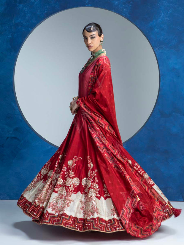 Red Vasansi Silk  Printed Anarkali Gown