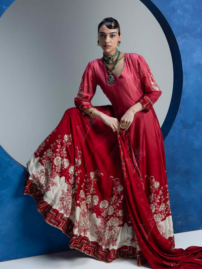 Red Vasansi Silk  Printed Anarkali Gown