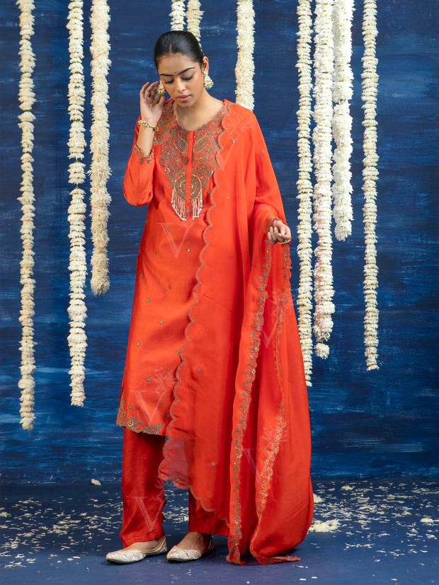 Orange Embroided Kurta and Pant Set